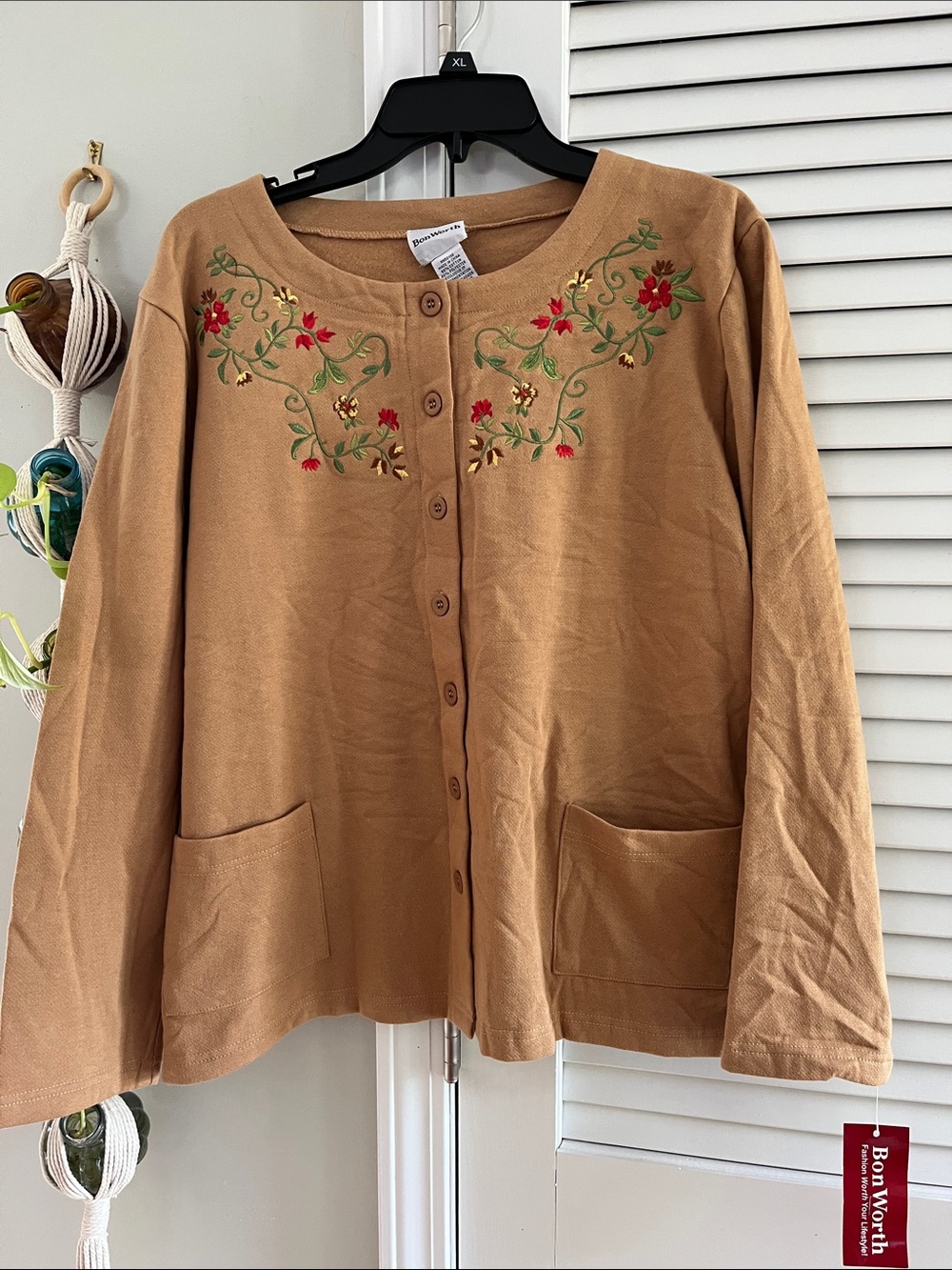 BonWorth Camel Cardigan with Red & Green Floral Embroidery